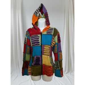 Boho Hippie Patchwork Hoodie Jacket Multicolor Slashed Cotton Zip Up Nepal